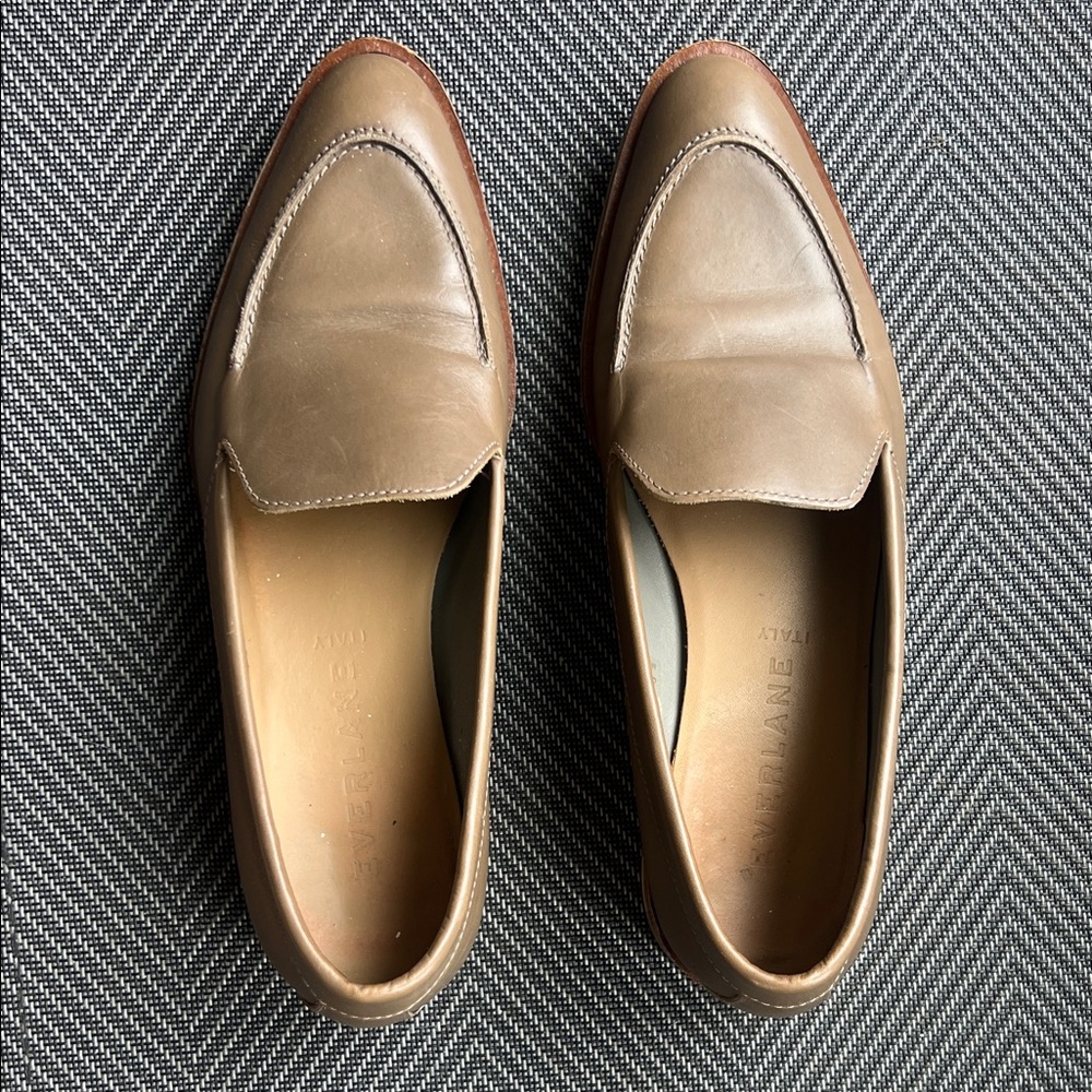 EVERLANE Classic Slip-On Loafers with Almond Toe in Dark Kakhi Brown Leather